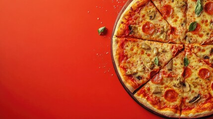 Child enjoying delicious pepperoni pizza at a dining table with vibrant red background empty for text space in cozy home setting
