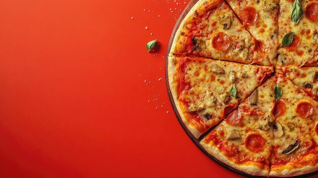 Child enjoying delicious pepperoni pizza at a dining table with vibrant red background empty for text space in cozy home setting