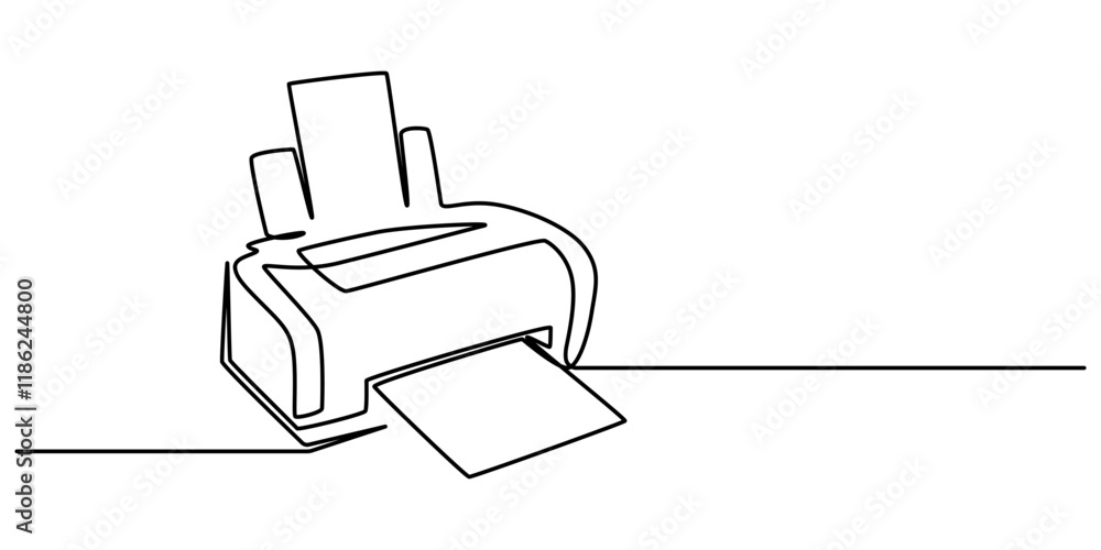 Poster printer one line drawing on white background, vector continuous one single line drawing of laser pri