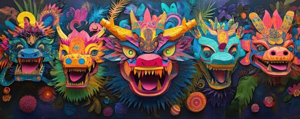 Fototapeta premium Colorful dragon masks in a vibrant festival setting, celebrating tradition and culture with bright colors and intricate designs, showcasing festive atmosphere