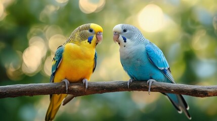 Obraz premium Colorful pair of budgerigars resting on a branch in a vibrant autumn environment