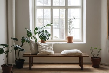 minimalist interior cozy living room wooden bench large window