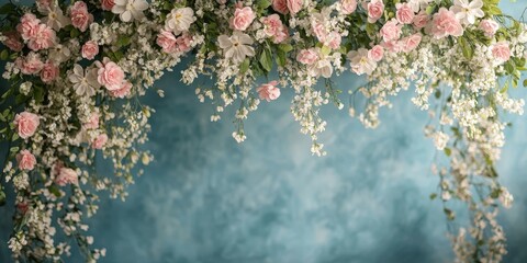 A floral arch with pastel blooms against a vintage blue wall, providing a sophisticated and enchanting backdrop for weddings and photography.