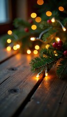 Wooden table with twinkle lights and holly branches, , wooden table