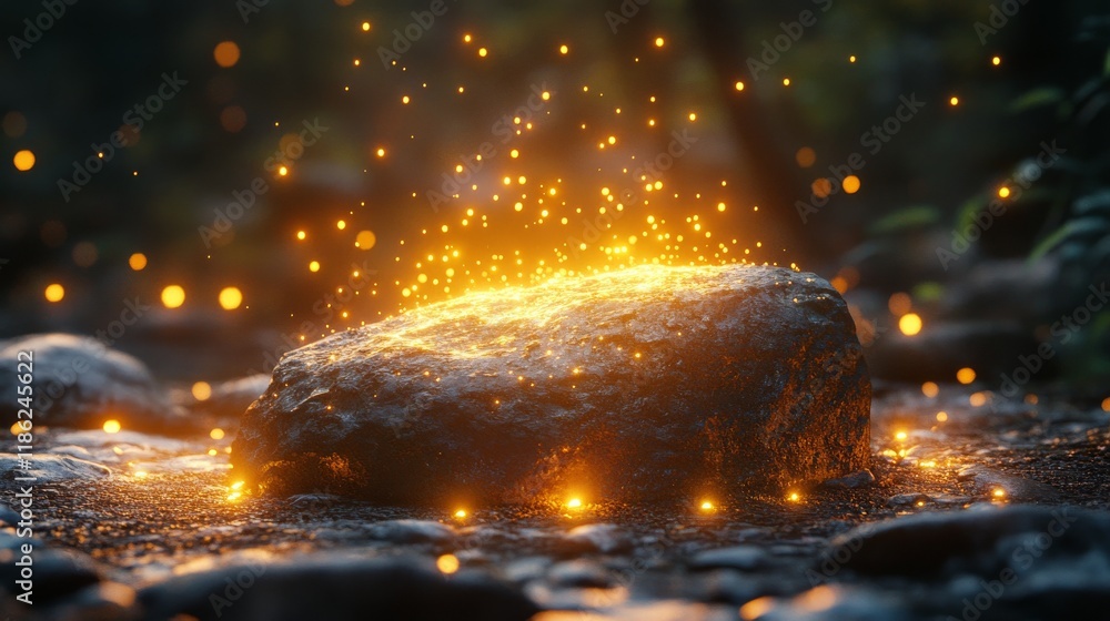 Poster glowing rock surrounded by sparkling particles in a tranquil forest setting during twilight