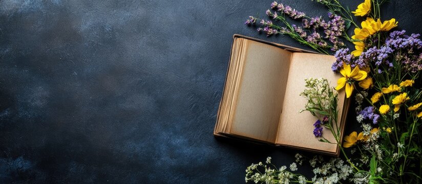 Vintage photo album with blank pages arranged alongside vibrant wildflowers on a dark textured background, ideal for personalized memories and text addition.