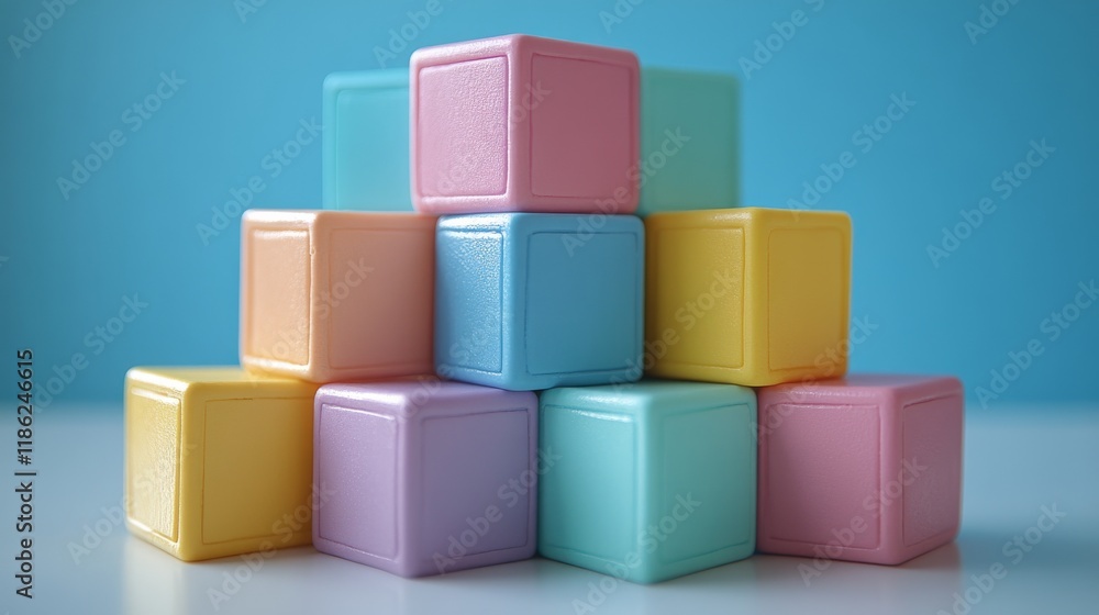 Poster colorful stacking blocks create a vibrant pyramid structure on a white surface