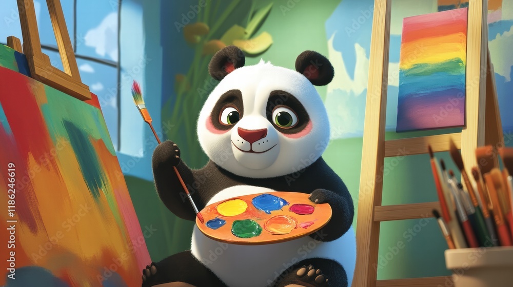Aufkleber Panda enjoys art while holding a paintbrush and colorful palette in a bright studio. Generative AI