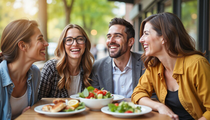 Coworkers laughing and taking a selfie at outdoor café, team bonding