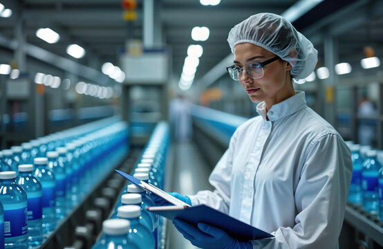 Woman in sterile uniform inspects water bottles on production line. Checks quality control with clipboard. Industrial setting. Modern factory. Pure water bottling plant. Focus on safety, quality