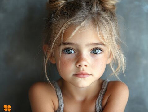 Sad blonde girl with blue eyes and thoughtful expression in natural light against a textured gray background with ample empty space for text.