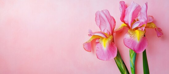 Obraz premium Pink and yellow iris flowers positioned on the left side against a soft pink background with ample empty space for text on the right side, top-down view.