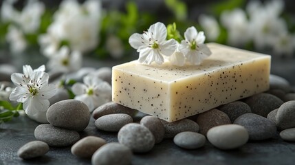 Elegant arrangement of natural soap and flowers on a marble surface in soft light