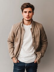 Obraz premium Stylish young man in casual outfit with neutral beige jacket and white shirt, posing confidently against a light gray background, ample copy space for text.