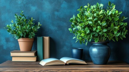 Lush green plants adorn a wooden table with an open book and various decorative objects