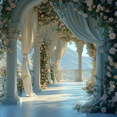 A floral arch with pastel blooms against a vintage blue wall, providing a sophisticated and enchanting backdrop for weddings and photography.