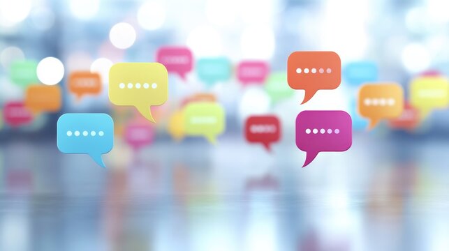 Colorful speech bubbles in pink blue and orange on a blurred city background with ample copyspace for text in a bright and modern networking concept image.
