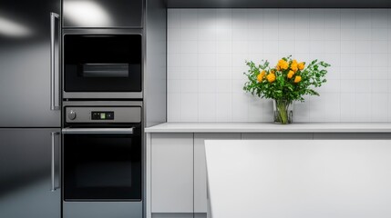 Modern Kitchen with Black Appliances and Fresh Yellow Roses