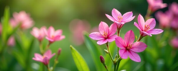 Obraz premium Delicate pink flowers blooming in a garden amidst green foliage and stems, flowering plants, pink flowers