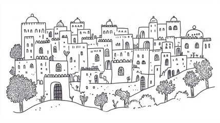 Obraz premium Intricate line art illustration of a densely packed hillside village with domed buildings, trees, and a white background 