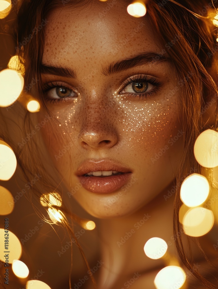 Poster freckled young woman with glowing skin surrounded by warm golden garlands creating bokeh effect and 
