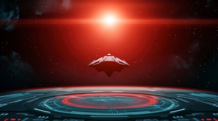 Futuristic Spaceship Approaching Red Star in Cosmic Space Scene