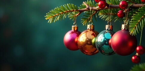 Rows of colorful glass baubles hanging from a wooden branch, red berries, evergreen boughs, greenery