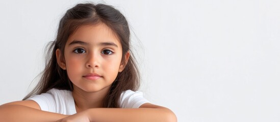 Latino girl 6 years old with long dark hair wearing white shirt against bright white background in minimalistic portrait setting