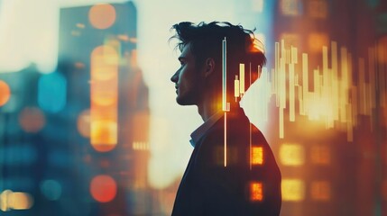 Thoughtful young businessman in profile against a blurry urban skyline with abstract financial graphs overlay, warm tones with ample copyspace for text.