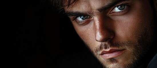 Obraz premium Close-up portrait of a young man with piercing blue eyes and stubble against a dark black background, emphasizing intense facial features and emotions.