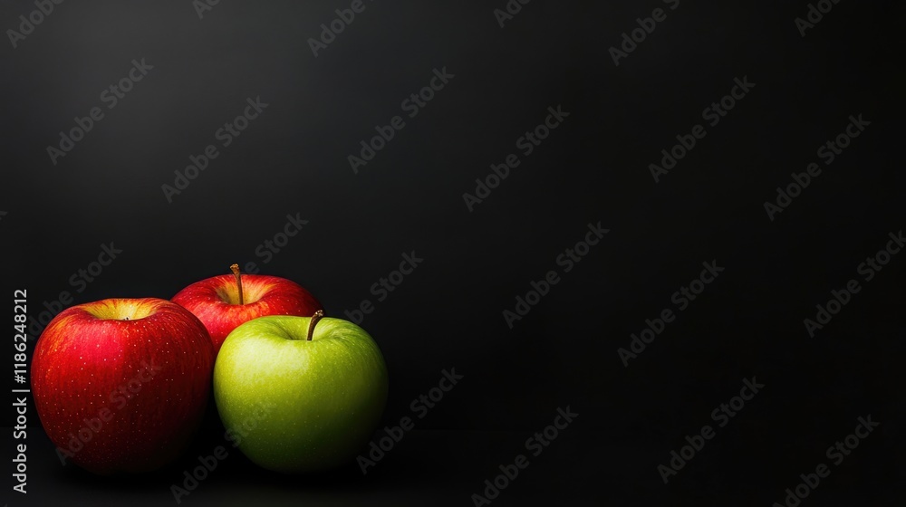 Poster colorful apples arranged against a dark background with ample empty space for text featuring vibrant