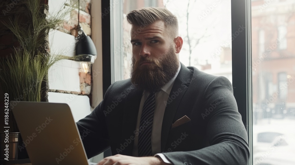 Poster young bearded man in a tailored suit and tie working intently on a laptop by a bright window in a mo