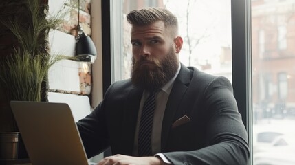 Fototapeta premium Young bearded man in a tailored suit and tie working intently on a laptop by a bright window in a modern urban workspace with empty copyspace for text.