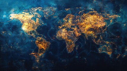 Obraz premium Vibrant Global Map Highlighting Earth with Illuminated Landmasses and Dark Ocean Background Ideal for International Cartoon Concept and Text Space