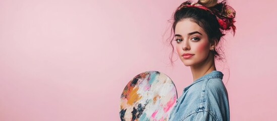 Naklejka premium Creative young artist woman with a paint palette posing in front of a bright pink background showcasing artistic potential and empty space for text
