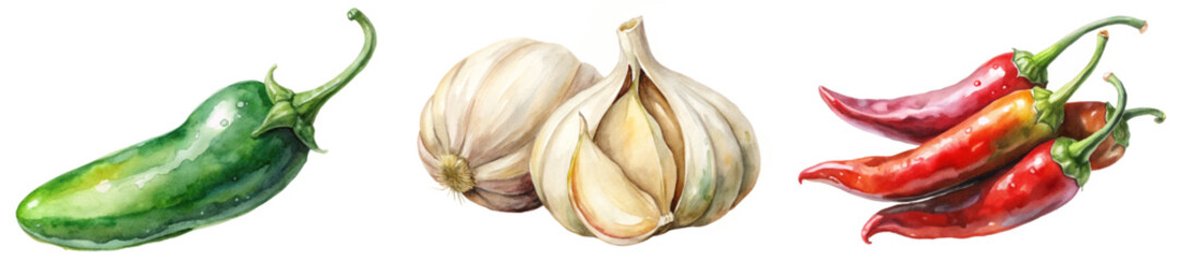 Fresh vegetables illustration, vibrant watercolor style, garlic and chili peppers, culinary art, healthy eating.