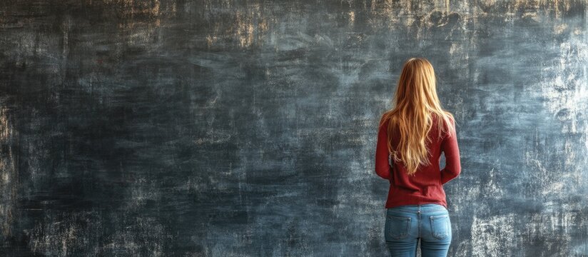 Concerned woman in maroon top facing gray textured wall representing anxiety and indecision in work or study absence with copy space left for text.