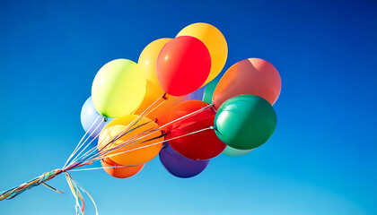 Vibrant bunch of colorful balloons floating against a clear blue sky. Perfect for celebrating birthdays, festivals, or adding joy to any design. Ideal for greeting cards, websites, and advertising.
