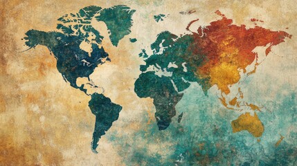 Vintage World Map with Textured Earth Tones in Green, Blue, and Earthy Brown, Featuring a Large Empty Space for Text Integration