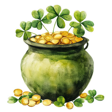 watercolor pot gold coins shamrocks st patrick's day clip art preview