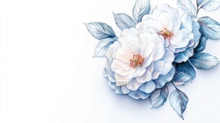 Obraz premium Elegant white peonies with soft blue leaves against a serene background, perfect for floral design concepts and creative projects.