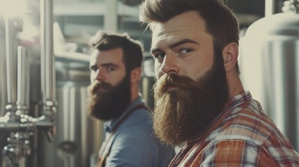 Stylish bearded men in plaid shirts brewing craft beer in a modern microbrewery with stainless steel tanks and bright lighting