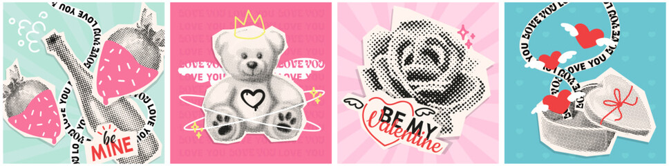 halftone valentine's day collage covers set, romantic card with cutout paper elements, love poster with dotted icons