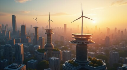 Futuristic City Skyline with Integrated Solar Panels