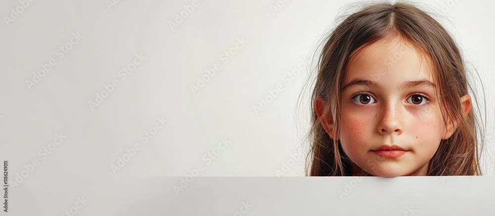 Poster portrait of thoughtful young girl with long brown hair displaying curiosity and wonder against a sof