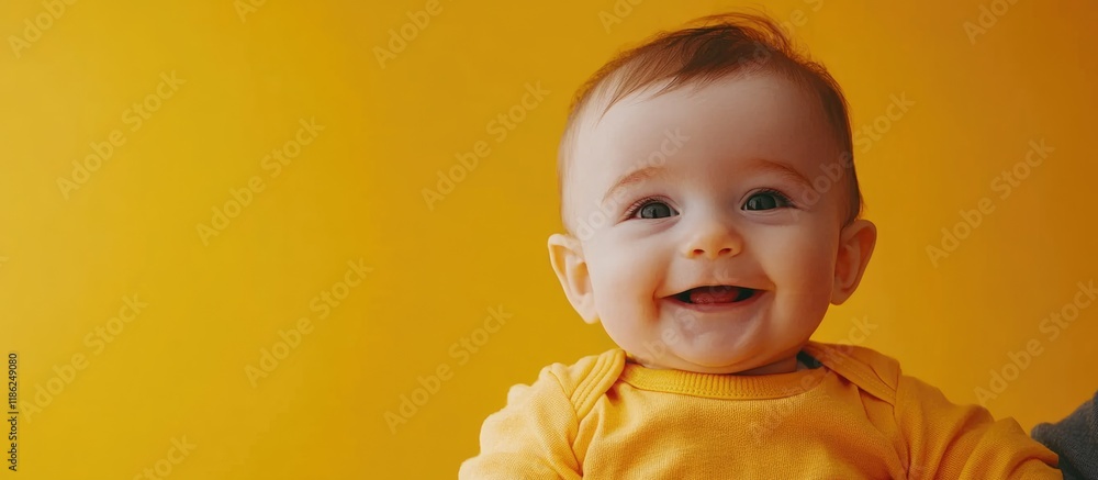 Poster smiling infant boy in bright yellow onesie embraced by father with vibrant yellow background and amp