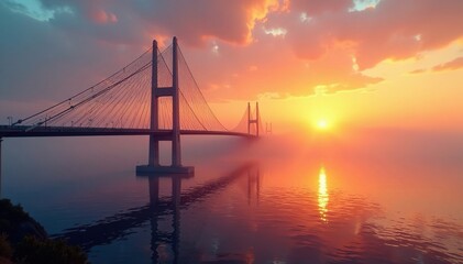 Cable-stayed bridge at sunset with misty atmosphere, sunset, cable, sun