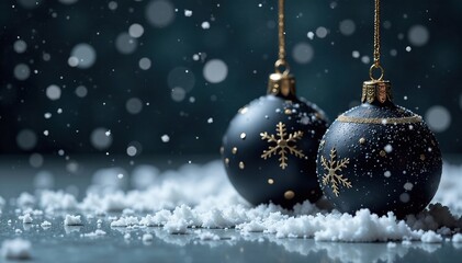 Black Christmas balls against a backdrop of falling snow, atmosphere, decoration