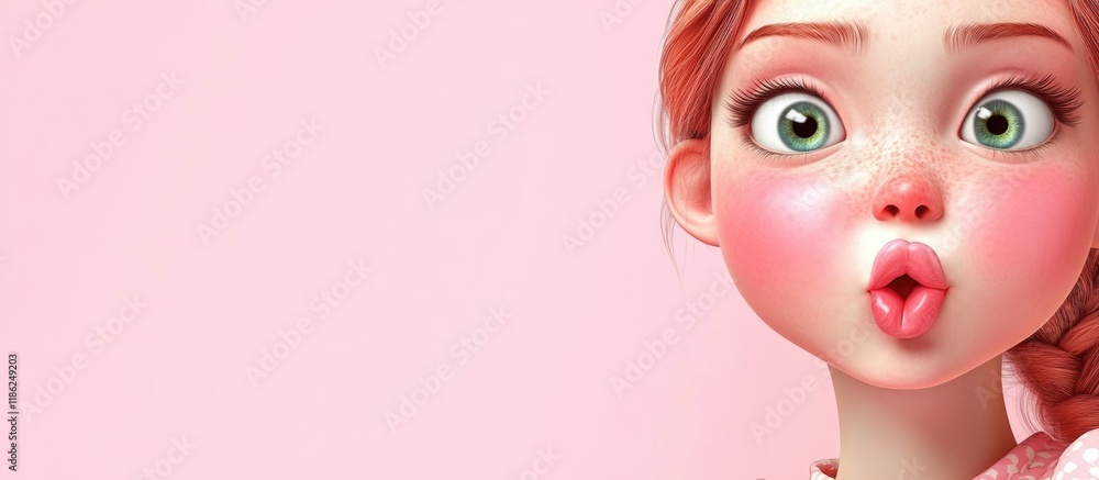 Poster young girl with inflated cheeks making a playful expression on pink background with ample copyspace 