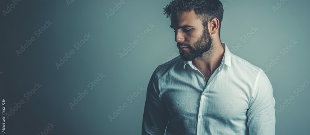 Poster handsome man in white shirt against a muted blue background in studio setting with high-quality ligh